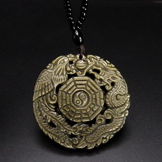 厳選強いシラー効果ゴールドオブシディアン龍鳳呈祥八卦天然石ネックレス < 男性アクセサリー/時計 厳選強いシラー効果ゴールドオブシディアン龍鳳呈祥八卦天然石ネックレス < 男性アクセサリー/時計の