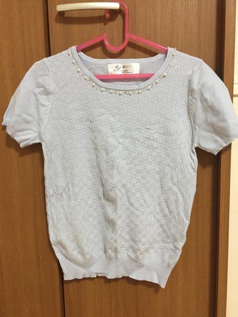 サマーニットカットソー★襟ビジュー★水色★M < 女性ファッション  サマーニットカットソー★襟ビジュー★水色★M  < 女性ファッションの