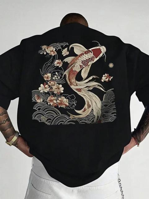 お試し価格1090円★メンズ半袖Tシャツ、ルーズフィット 鯉と花柄プリント USAサイズL(日本サイズXXL相当) < 男性ファッション  お試し価格1090円★メンズ半袖Tシャツ、ルーズフィット 鯉と花柄プリント USAサイズL(日本サイズXXL相当)  < 男性ファッションの