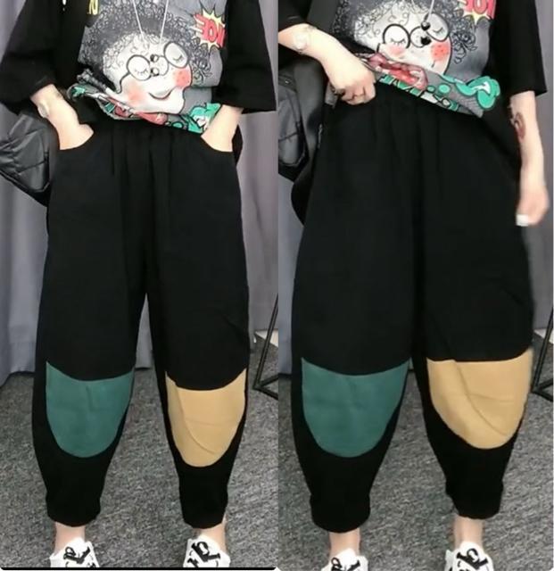 サルエルパンツ ワイドパンツ ワッペン付き ブラック 大きいサイズ < 女性ファッション サルエルパンツ ワイドパンツ ワッペン付き ブラック 大きいサイズ < 女性ファッションの