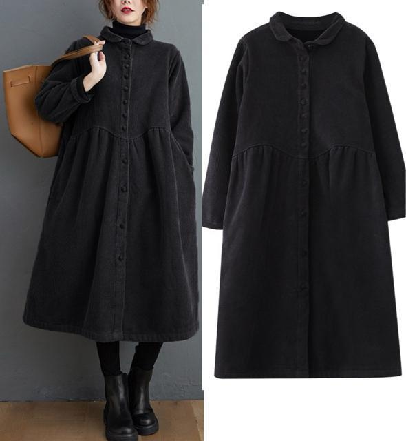 コーデュロイ ロング丈 前開き 裏起毛 コート アウター ブラック 大きいサイズ < 女性ファッション コーデュロイ ロング丈 前開き 裏起毛 コート アウター ブラック 大きいサイズ < 女性ファッションの