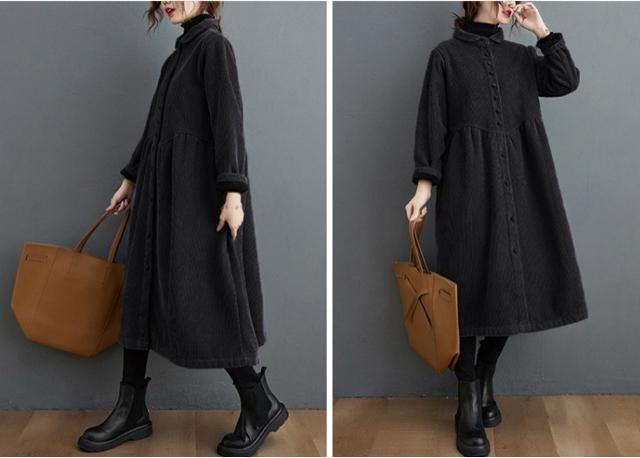 コーデュロイ ロング丈 前開き 裏起毛 コート アウター ブラック 大きいサイズ < 女性ファッション コーデュロイ ロング丈 前開き 裏起毛 コート アウター ブラック 大きいサイズ < 女性ファッションの