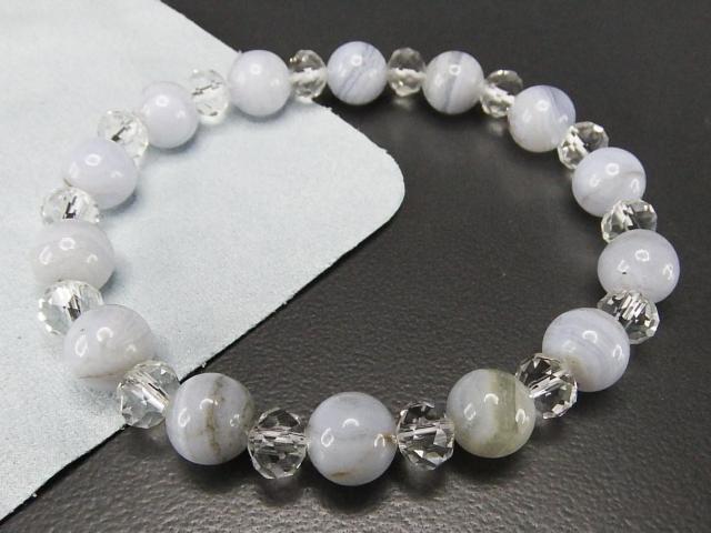 訳有天然石ブルーレースアゲート約8mm水晶ボタンデザインブレスレット < 女性アクセサリー/時計 訳有天然石ブルーレースアゲート約8mm水晶ボタンデザインブレスレット < 女性アクセサリー/時計の