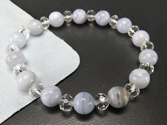 訳有天然石ブルーレースアゲート約8mm水晶ボタンデザインブレスレット < 女性アクセサリー/時計 訳有天然石ブルーレースアゲート約8mm水晶ボタンデザインブレスレット < 女性アクセサリー/時計の