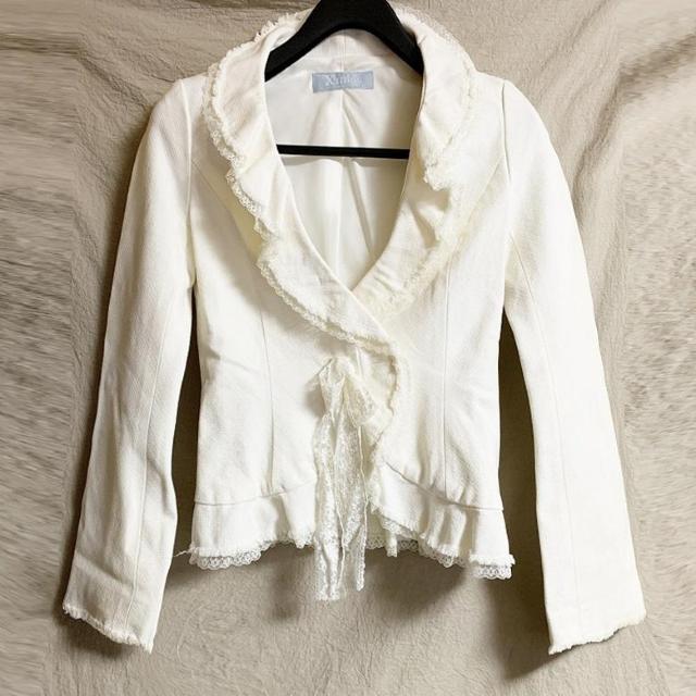 新品 キスミス Xmissフリル リボン レース ジャケット スカート スーツ 白 S < ブランド 新品 キスミス Xmissフリル リボン レース ジャケット スカート スーツ 白 S < ブランドの