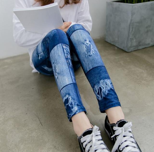 送料無料 レディース デニム風 レギンス パンツ 破れ柄 ブルー < 女性ファッション  送料無料 レディース デニム風 レギンス パンツ 破れ柄 ブルー < 女性ファッションの