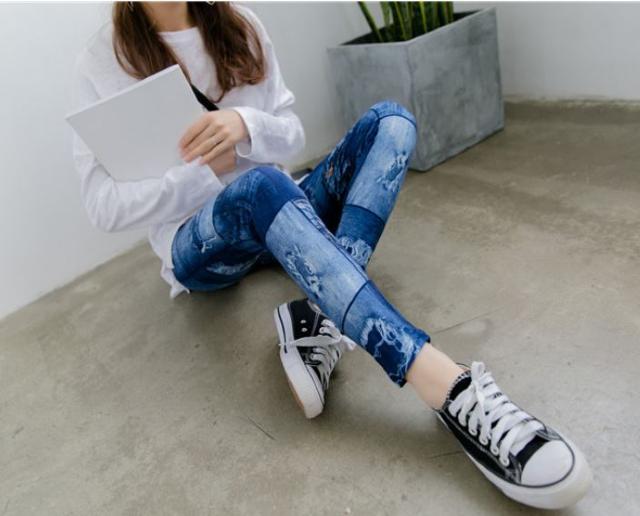 送料無料 レディース デニム風 レギンス パンツ 破れ柄 ブルー < 女性ファッション  送料無料 レディース デニム風 レギンス パンツ 破れ柄 ブルー < 女性ファッションの