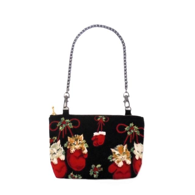 【21p幅・アクセサリーチェーン付】◆Merry Christmas◆Xmasクリスマス◆赤いミトンに子猫がin×黒地◆ポーチ < 女性ファッション 【21p幅・アクセサリーチェーン付】◆Merry Christmas◆Xmasクリスマス◆赤いミトンに子猫がin×黒地◆ポーチ < 女性ファッションの