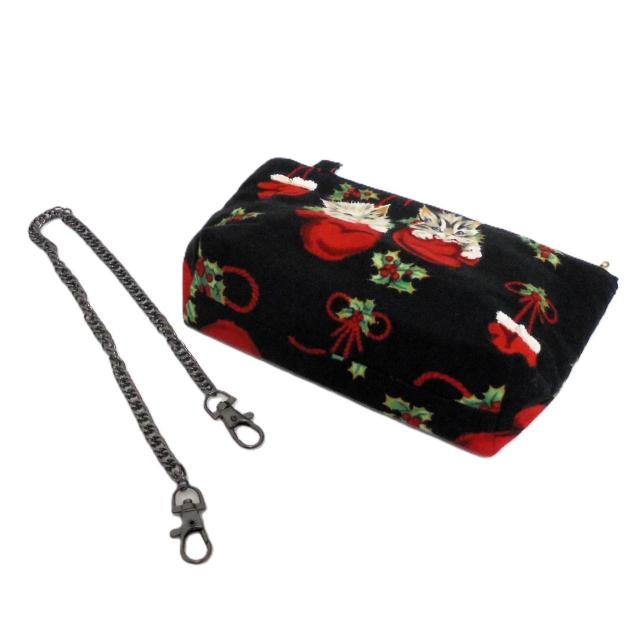 【21p幅・アクセサリーチェーン付】◆Merry Christmas◆Xmasクリスマス◆赤いミトンに子猫がin×黒地◆ポーチ < 女性ファッション 【21p幅・アクセサリーチェーン付】◆Merry Christmas◆Xmasクリスマス◆赤いミトンに子猫がin×黒地◆ポーチ < 女性ファッションの