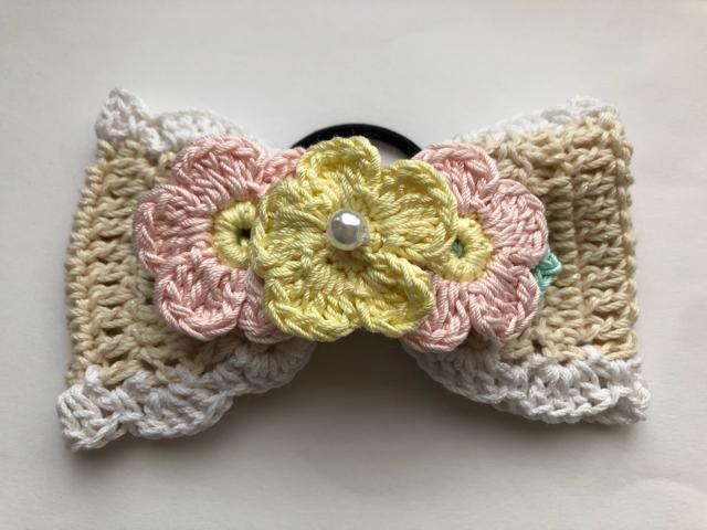ハンドメイド ヘアゴム 大きめリボン レース糸のパステルお花♪ < 女性ファッション  ハンドメイド ヘアゴム 大きめリボン レース糸のパステルお花♪  < 女性ファッションの