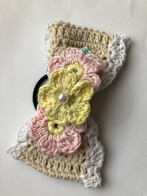 ハンドメイド ヘアゴム 大きめリボン レース糸のパステルお花♪ < 女性ファッション  ハンドメイド ヘアゴム 大きめリボン レース糸のパステルお花♪ < 女性ファッションの