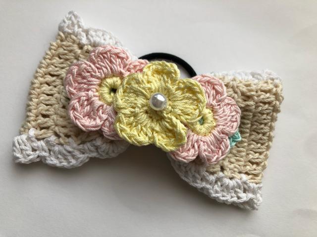 ハンドメイド ヘアゴム 大きめリボン レース糸のパステルお花♪ < 女性ファッション  ハンドメイド ヘアゴム 大きめリボン レース糸のパステルお花♪ < 女性ファッションの