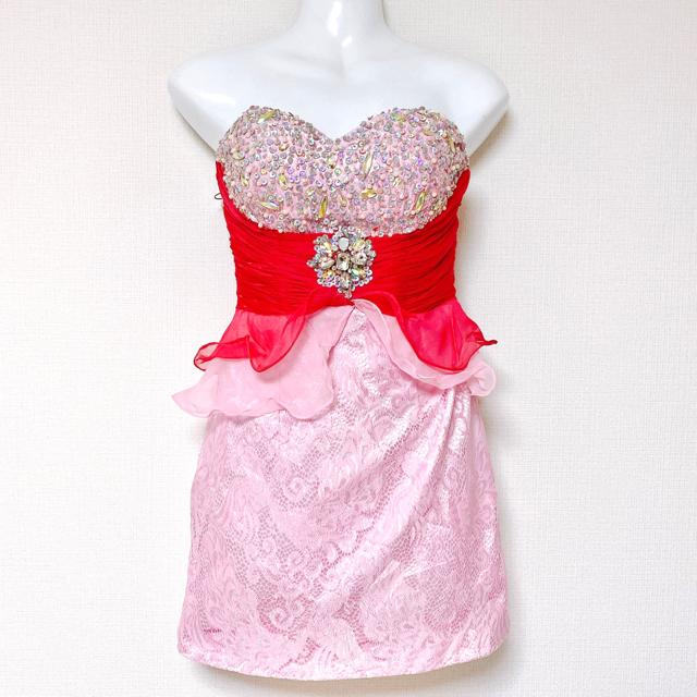 ミニタイトペプラムビジューパールドレスワンピースピンクレース < 女性ファッション ミニタイトペプラムビジューパールドレスワンピースピンクレース < 女性ファッションの