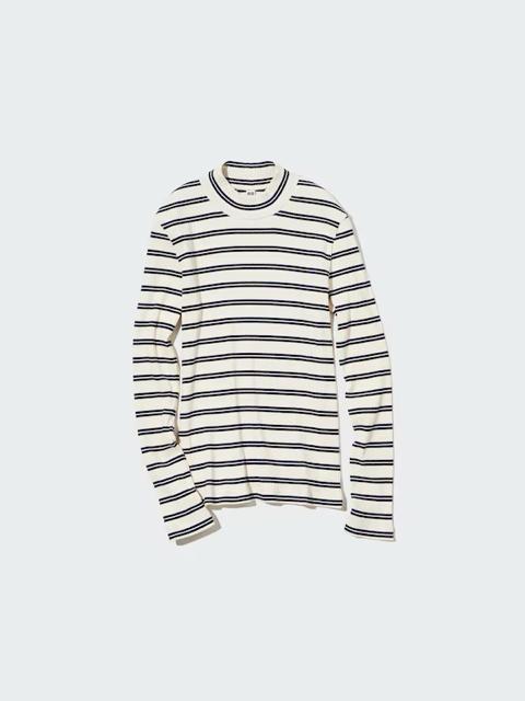 ユニクロ リブボーダーハイネックT 長袖Tシャツ 白 ホワイト L < ブランド ユニクロ リブボーダーハイネックT 長袖Tシャツ 白 ホワイト L < ブランドの