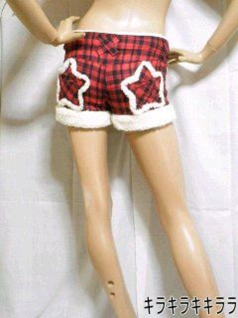 《New》スター型ポケット★タータンチェック柄・裾ボア*ショートパンツ<レッドM> < 女性ファッション  《New》スター型ポケット★タータンチェック柄・裾ボア*ショートパンツ<レッドM> < 女性ファッションの