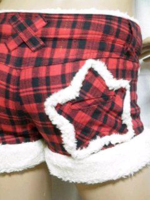 《New》スター型ポケット★タータンチェック柄・裾ボア*ショートパンツ<レッドM> < 女性ファッション  《New》スター型ポケット★タータンチェック柄・裾ボア*ショートパンツ<レッドM> < 女性ファッションの