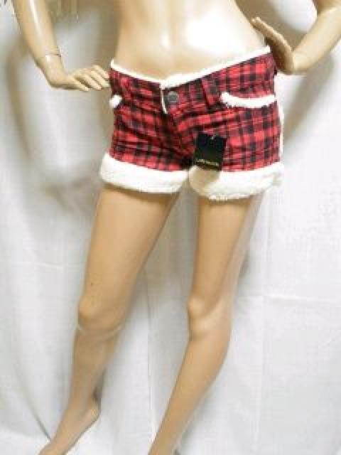 《New》スター型ポケット★タータンチェック柄・裾ボア*ショートパンツ<レッドM> < 女性ファッション  《New》スター型ポケット★タータンチェック柄・裾ボア*ショートパンツ<レッドM> < 女性ファッションの