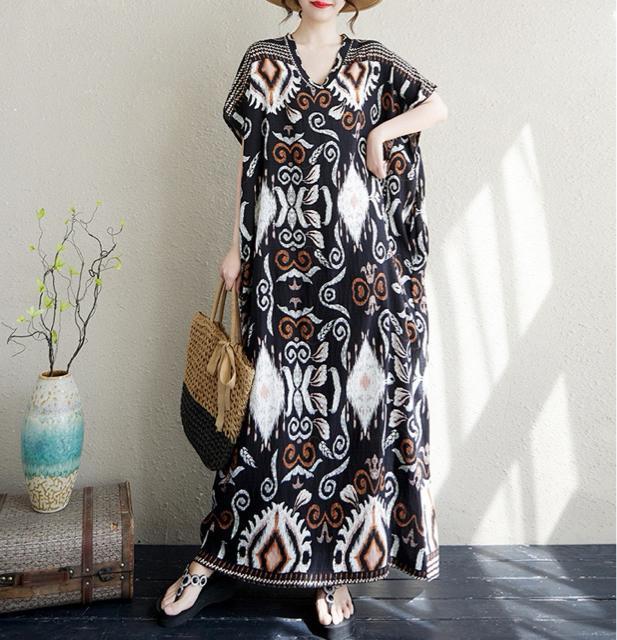 マキシ丈ワンピース Vネック エスニック柄 ロング丈 大きいサイズ < 女性ファッション マキシ丈ワンピース Vネック エスニック柄 ロング丈 大きいサイズ < 女性ファッションの