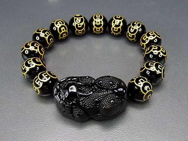 迫力オブシディアンヒキュウ彫りオニキス金銭14mm天然石ブレス < 男性アクセサリー/時計  迫力オブシディアンヒキュウ彫りオニキス金銭14mm天然石ブレス < 男性アクセサリー/時計の