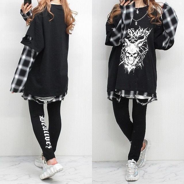 NEW最新bk×w/M/チェックシャツ一体型ダメージ丈長レイヤード重ね着プルオーバー < 男性ファッション  NEW最新bk×w/M/チェックシャツ一体型ダメージ丈長レイヤード重ね着プルオーバー  < 男性ファッションの