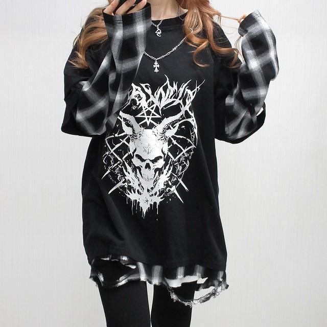 NEW最新bk×w/M/チェックシャツ一体型ダメージ丈長レイヤード重ね着プルオーバー < 男性ファッション  NEW最新bk×w/M/チェックシャツ一体型ダメージ丈長レイヤード重ね着プルオーバー < 男性ファッションの