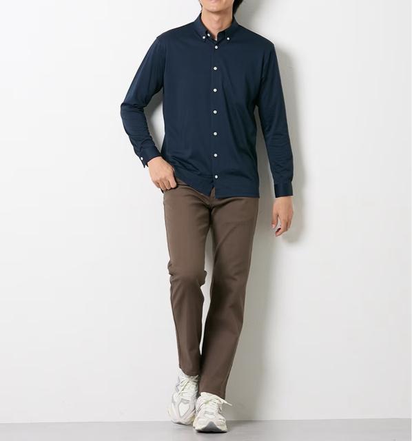 3Lサイズ!高貴紳士的!ストレッチ素材!Tシャツのような着心地!快適な!形態安定!吸汗速乾!長袖ボタンダウンニットシャツ!紺色! < 男性ファッション  3Lサイズ!高貴紳士的!ストレッチ素材!Tシャツのような着心地!快適な!形態安定!吸汗速乾!長袖ボタンダウンニットシャツ!紺色! < 男性ファッションの