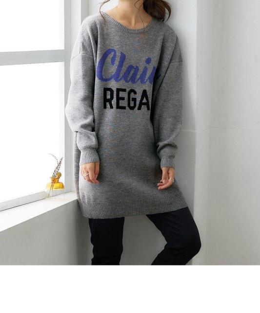 ★ゆったり楽チン♪体型カバー安心♪暖か柔らか♪英文字ロゴお洒落大人可愛い♪グレー丸首ロング丈ニットチュニック長袖セーター < 女性ファッション  ★ゆったり楽チン♪体型カバー安心♪暖か柔らか♪英文字ロゴお洒落大人可愛い♪グレー丸首ロング丈ニットチュニック長袖セーター < 女性ファッションの