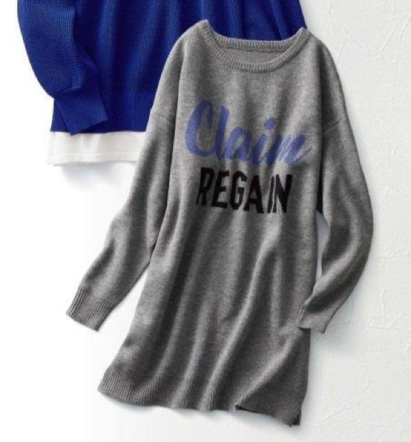 ★ゆったり楽チン♪体型カバー安心♪暖か柔らか♪英文字ロゴお洒落大人可愛い♪グレー丸首ロング丈ニットチュニック長袖セーター < 女性ファッション  ★ゆったり楽チン♪体型カバー安心♪暖か柔らか♪英文字ロゴお洒落大人可愛い♪グレー丸首ロング丈ニットチュニック長袖セーター < 女性ファッションの