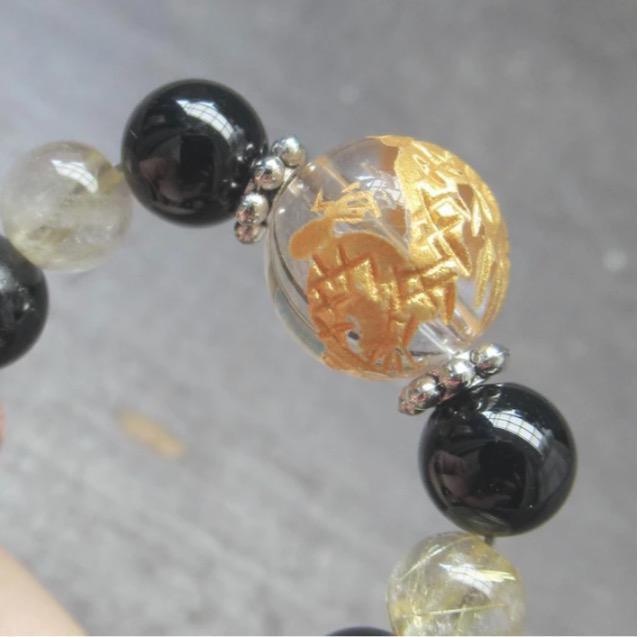 金龍彫水晶xオニキスxルチルクォーツストラップ < 家電/AV  金龍彫水晶xオニキスxルチルクォーツストラップ < 家電/AVの