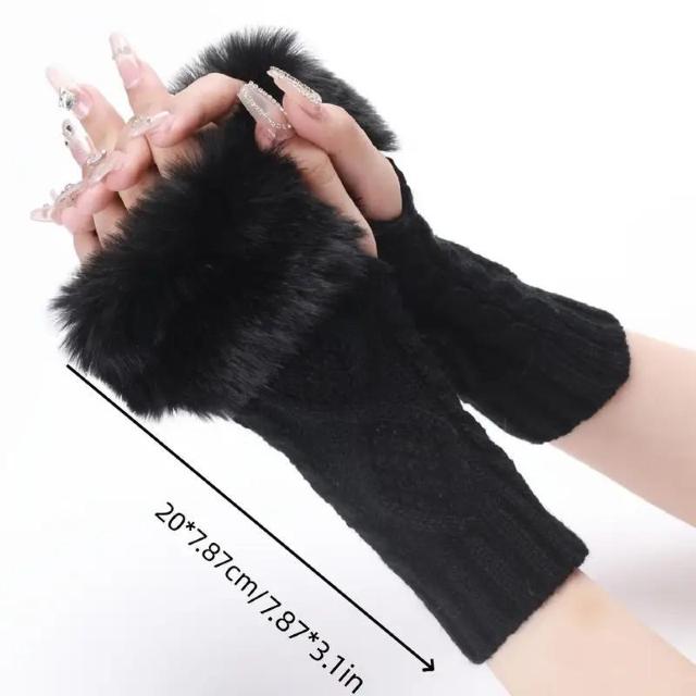 残り1点★爆ヤス価格590円★女性用冬用ニット手袋、フェイクファーカフ付き、アクリル製指なしショートウォームアームカバー 黒 < 女性ファッション  残り1点★爆ヤス価格590円★女性用冬用ニット手袋、フェイクファーカフ付き、アクリル製指なしショートウォームアームカバー 黒  < 女性ファッションの