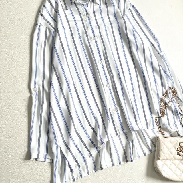 ◆極美品◆百貨店ブランド◆ゆったりストライプブラウスシャツ◆白×青◆M◆シフォン < 女性ファッション ◆極美品◆百貨店ブランド◆ゆったりストライプブラウスシャツ◆白×青◆M◆シフォン < 女性ファッションの