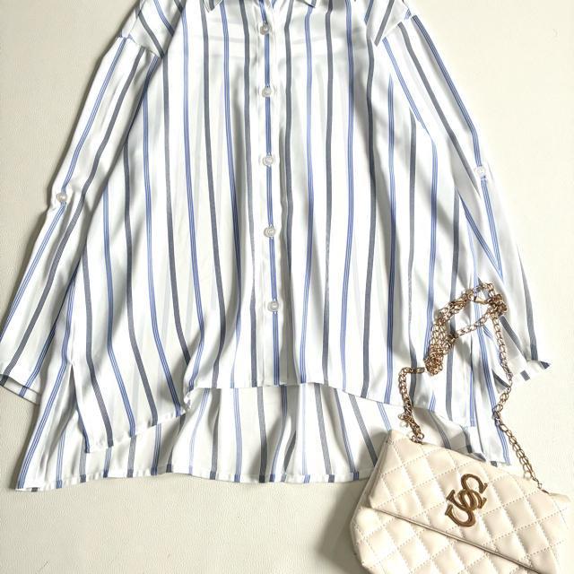 ◆極美品◆百貨店ブランド◆ゆったりストライプブラウスシャツ◆白×青◆M◆シフォン < 女性ファッション ◆極美品◆百貨店ブランド◆ゆったりストライプブラウスシャツ◆白×青◆M◆シフォン < 女性ファッションの