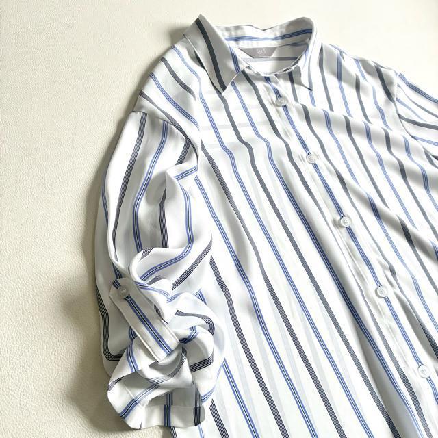 ◆極美品◆百貨店ブランド◆ゆったりストライプブラウスシャツ◆白×青◆M◆シフォン < 女性ファッション ◆極美品◆百貨店ブランド◆ゆったりストライプブラウスシャツ◆白×青◆M◆シフォン < 女性ファッションの