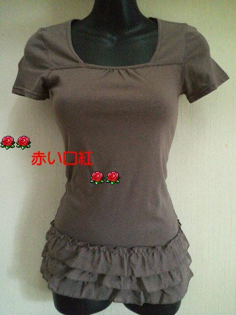 SSサイズ*細身size裾シホン3段フリル・フレンチ袖Tシャツモーヴブラウン < 女性ファッション  SSサイズ*細身size裾シホン3段フリル・フレンチ袖Tシャツモーヴブラウン  < 女性ファッションの