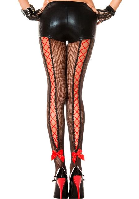 Music Legs セクシーなリボン編み上げ網タイツ レッド < 女性ファッション Music Legs セクシーなリボン編み上げ網タイツ レッド < 女性ファッションの