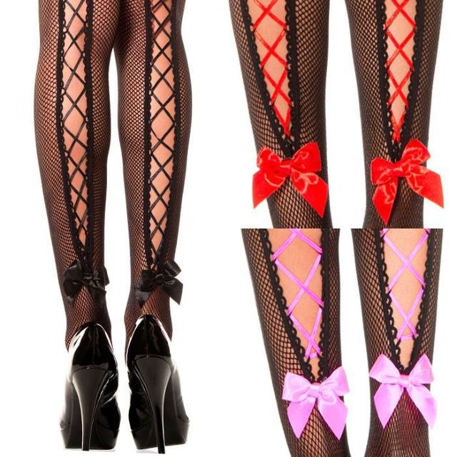Music Legs セクシーなリボン編み上げ網タイツ レッド < 女性ファッション Music Legs セクシーなリボン編み上げ網タイツ レッド < 女性ファッションの
