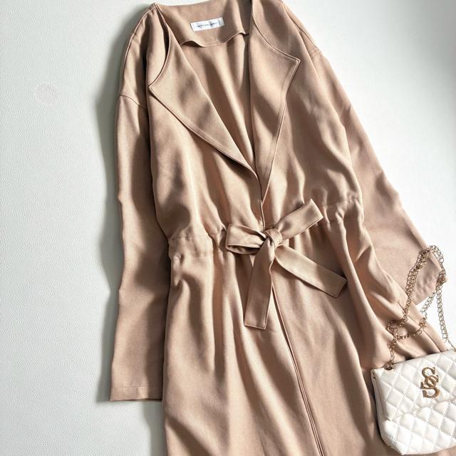 ◆極美品◆インタープラネット◆薄手ノーカラーコート◆ウエストリボン◆ベージュ◆F < 女性ファッション ◆極美品◆インタープラネット◆薄手ノーカラーコート◆ウエストリボン◆ベージュ◆F < 女性ファッションの