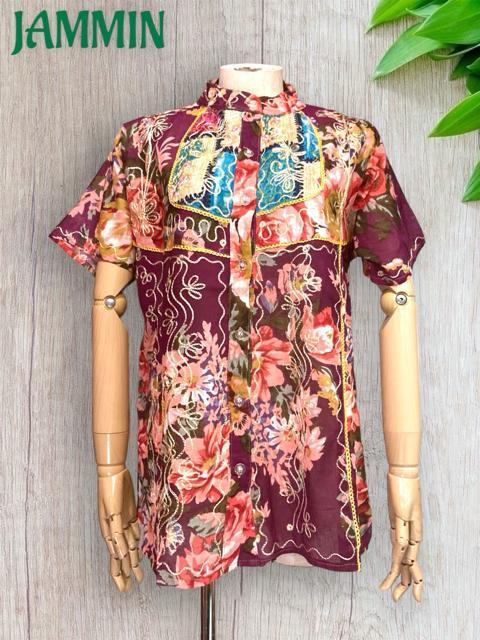刺繍入り花柄シャツ★ダークパープル★エスニック★アジアン★レトロ < 女性ファッション  刺繍入り花柄シャツ★ダークパープル★エスニック★アジアン★レトロ  < 女性ファッションの