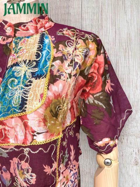 刺繍入り花柄シャツ★ダークパープル★エスニック★アジアン★レトロ < 女性ファッション  刺繍入り花柄シャツ★ダークパープル★エスニック★アジアン★レトロ < 女性ファッションの