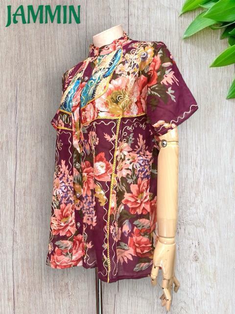 刺繍入り花柄シャツ★ダークパープル★エスニック★アジアン★レトロ < 女性ファッション  刺繍入り花柄シャツ★ダークパープル★エスニック★アジアン★レトロ < 女性ファッションの