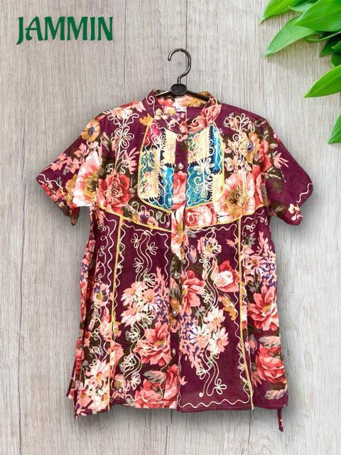 刺繍入り花柄シャツ★ダークパープル★エスニック★アジアン★レトロ < 女性ファッション  刺繍入り花柄シャツ★ダークパープル★エスニック★アジアン★レトロ < 女性ファッションの
