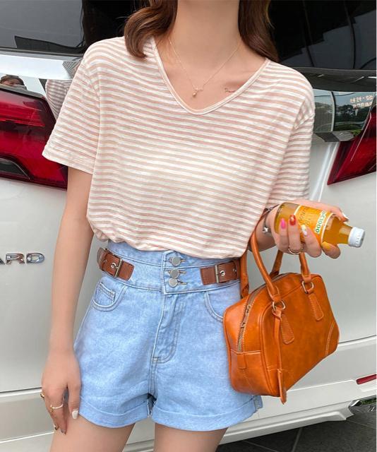 送料無料 新品 ボーダー柄Tシャツ Vネックカットソー夏 < 女性ファッション  送料無料 新品 ボーダー柄Tシャツ Vネックカットソー夏 < 女性ファッションの