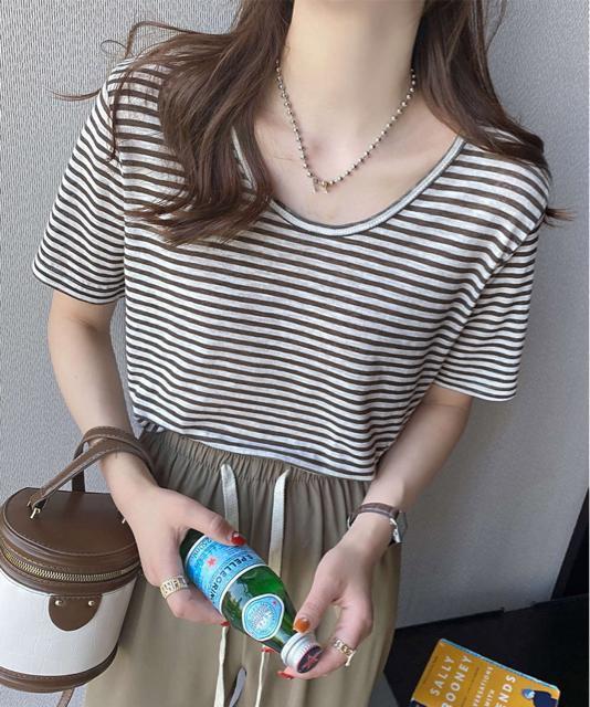 送料無料 新品 ボーダー柄Tシャツ Vネックカットソー夏 < 女性ファッション  送料無料 新品 ボーダー柄Tシャツ Vネックカットソー夏 < 女性ファッションの