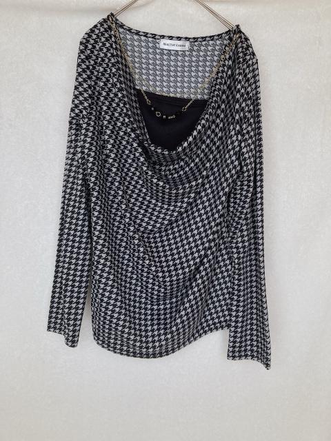 モノトーン 千鳥柄 ドレープネック 長袖 トップス カットソー L N2m < 女性ファッション モノトーン 千鳥柄 ドレープネック 長袖 トップス カットソー L N2m < 女性ファッションの