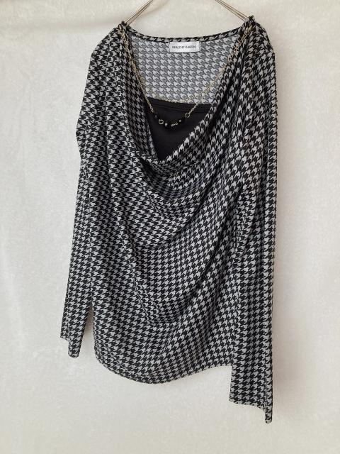 モノトーン 千鳥柄 ドレープネック 長袖 トップス カットソー L N2m < 女性ファッション モノトーン 千鳥柄 ドレープネック 長袖 トップス カットソー L N2m < 女性ファッションの