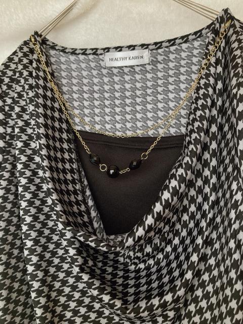 モノトーン 千鳥柄 ドレープネック 長袖 トップス カットソー L N2m < 女性ファッション モノトーン 千鳥柄 ドレープネック 長袖 トップス カットソー L N2m < 女性ファッションの