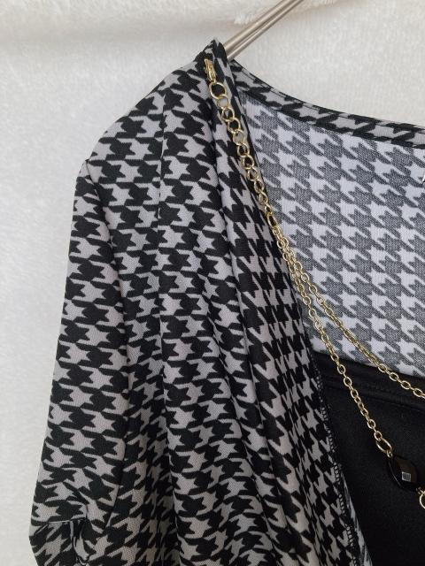 モノトーン 千鳥柄 ドレープネック 長袖 トップス カットソー L N2m < 女性ファッション モノトーン 千鳥柄 ドレープネック 長袖 トップス カットソー L N2m < 女性ファッションの