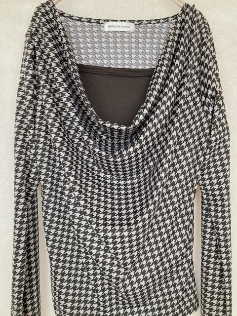 モノトーン 千鳥柄 ドレープネック 長袖 トップス カットソー L N2m < 女性ファッション モノトーン 千鳥柄 ドレープネック 長袖 トップス カットソー L N2m < 女性ファッションの