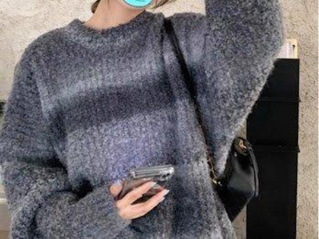 ニット ストリート カジュアル ライン模様 シンプル もこもこ ブラック < 女性ファッション ニット ストリート カジュアル ライン模様 シンプル もこもこ ブラック < 女性ファッションの