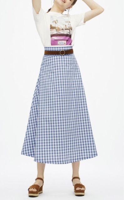 GU・ギンガムチェック柄フレアスカート。ブルーXL < ブランド GU・ギンガムチェック柄フレアスカート。ブルーXL < ブランドの